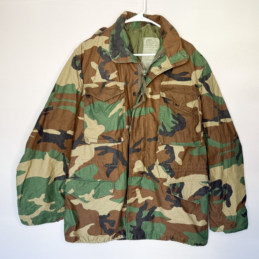 US Army M-65 Field Jacket Cold Weather Woodland Camo Desert Storm Era Medium VTG